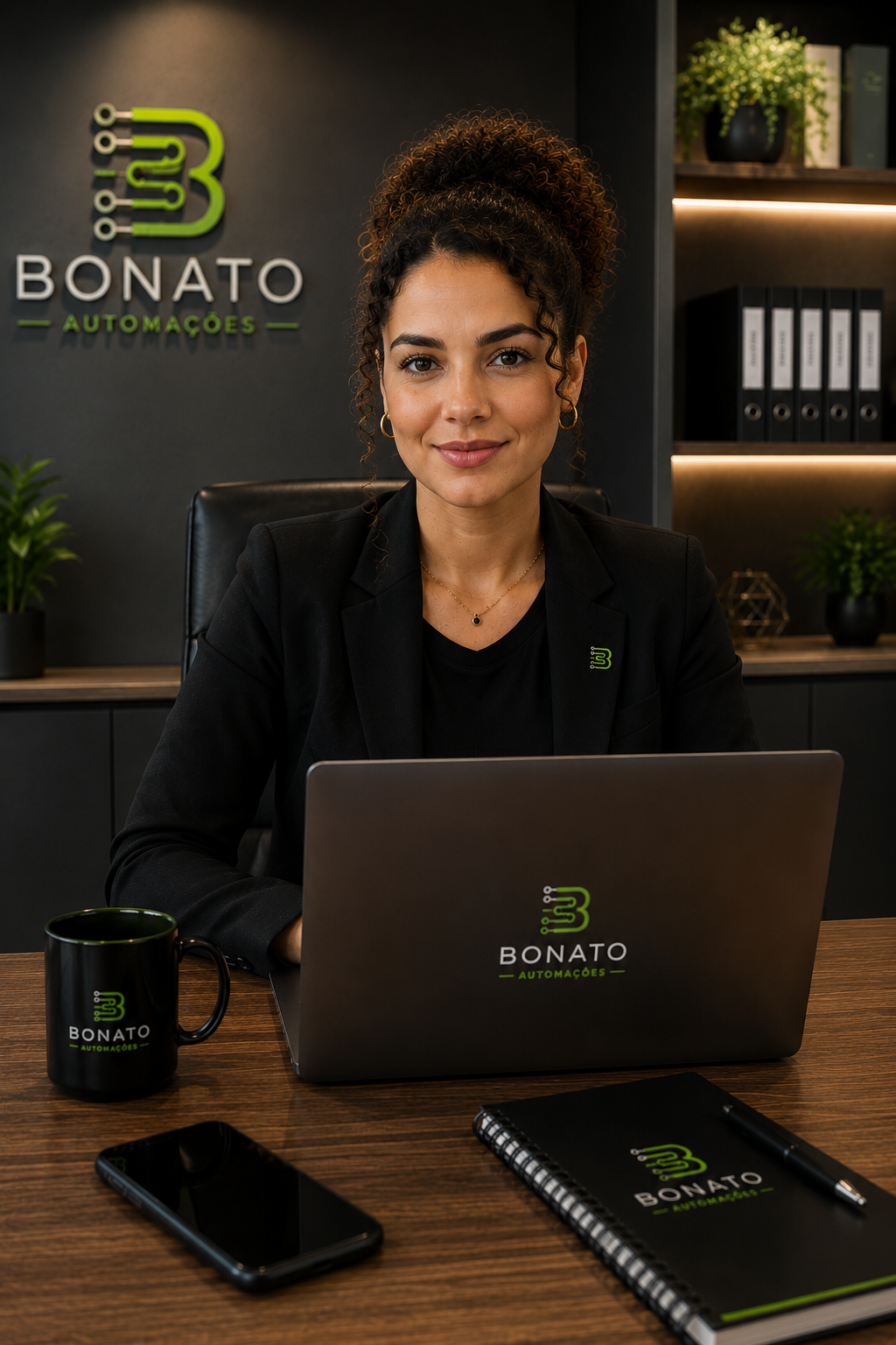 Marina, gerente digital, sentada à mesa diante de um notebook